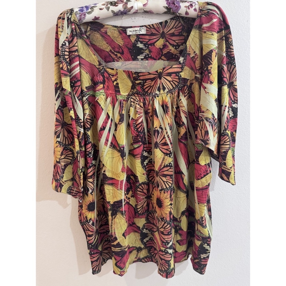 One World Sunflowers Butterflies 3/4‎ Sleeve Flowy Top XL Boho Hippie